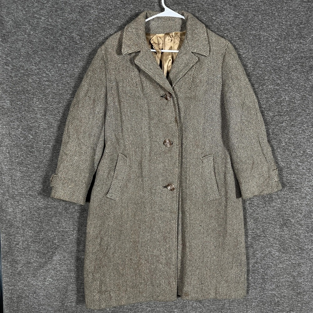 Vintage Hudsons‎ Bay Company Harris Tweed Coat Womens Large Brown Wool Check 60s